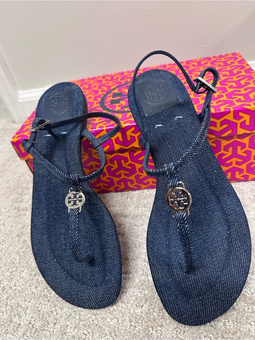Tory Burch Emmy Denim Logo T-Strap Sandals